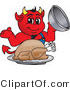 Vector Illustration of a Cartoon Devil Mascot Serving Thanksgiving Turkey by Mascot Junction