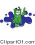 Vector Illustration of a Cartoon Dollar Bill Mascot Pointing Upwards and Standing in Front of a Blue Paint Splatter on a Business Logo by Mascot Junction