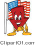 Vector Illustration of a Cartoon down Arrow Mascot by an American Flag by Mascot Junction