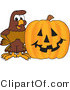 Vector Illustration of a Cartoon Falcon Mascot Character with a Pumpkin by Mascot Junction