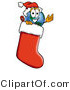 Vector Illustration of a Cartoon Globe Mascot Wearing a Santa Hat Inside a Red Christmas Stocking by Mascot Junction