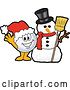 Vector Illustration of a Cartoon Golf Ball Sports Mascot Waving by a Christmas Snowman by Toons4Biz