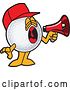 Vector Illustration of a Cartoon Golf Ball Sports Mascot Wearing a Red Hat and Using a Megaphone by Mascot Junction