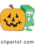 Vector Illustration of a Cartoon Green Rolling Trash Can Mascot by a Halloween Jackolantern Pumpkin by Mascot Junction