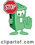 Vector Illustration of a Cartoon Green Rolling Trash Can Mascot Gesturing and Holding a Stop Sign by Mascot Junction