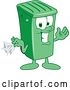 Vector Illustration of a Cartoon Green Rolling Trash Can Mascot Holding a Napkin or Hankie by Mascot Junction