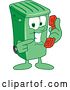 Vector Illustration of a Cartoon Green Rolling Trash Can Mascot Holding and Pointing to a Telephone by Mascot Junction