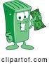 Vector Illustration of a Cartoon Green Rolling Trash Can Mascot Holding Cash Money by Mascot Junction