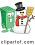 Vector Illustration of a Cartoon Green Rolling Trash Can Mascot with a Christmas Snowman by Mascot Junction