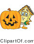 Vector Illustration of a Cartoon Home Mascot Beside Halloween Pumpkin by Mascot Junction