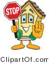 Vector Illustration of a Cartoon Home Mascot Holding a Stop Sign for Open House by Toons4Biz