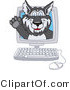Vector Illustration of a Cartoon Husky Mascot Waving on a Computer Screen by Toons4Biz