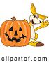 Vector Illustration of a Cartoon Kangaroo Mascot Waving by a Halloween Jackolantern Pumpkin by Mascot Junction