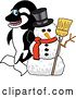 Vector Illustration of a Cartoon Killer Whale Orca Mascot with a Snowman by Mascot Junction