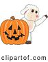 Vector Illustration of a Cartoon Lamb Mascot Waving by a Giant Halloween Jackolantern Pumpkin by Mascot Junction