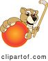 Vector Illustration of a Cartoon Lion Cub School Mascot Grabbing a Hockey Ball and Holding a Stick by Mascot Junction