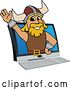 Vector Illustration of a Cartoon Male Viking School Mascot Emerging from a Computer Screen by Mascot Junction