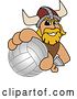 Vector Illustration of a Cartoon Male Viking School Mascot Grabbing a Volleyball by Mascot Junction