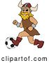 Vector Illustration of a Cartoon Male Viking School Mascot Playing Soccer by Mascot Junction