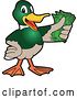 Vector Illustration of a Cartoon Mallard Duck School Mascot Holding Cash Money by Mascot Junction