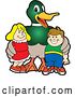 Vector Illustration of a Cartoon Mallard Duck School Mascot Posing with Students by Mascot Junction
