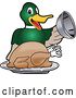 Vector Illustration of a Cartoon Mallard Duck School Mascot Serving a Roasted Thanksgiving Turkey by Mascot Junction