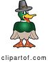 Vector Illustration of a Cartoon Mallard Duck School Mascot Wearing a Thanksgiving Pilgrim Hat by Mascot Junction