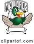 Vector Illustration of a Cartoon Mallard Duck School Mascot Welcoming with Text over an Oval and Blank Banner by Mascot Junction