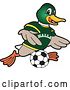 Vector Illustration of a Cartoon Mallard Duck School Sports Mascot Playing Soccer by Mascot Junction