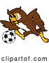 Vector Illustration of a Cartoon Owl School Mascot Playing Soccer by Mascot Junction