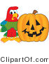 Vector Illustration of a Cartoon Parrot Mascot with a Pumpkin by Mascot Junction