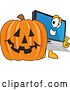 Vector Illustration of a Cartoon PC Computer Mascot and a Halloween Pumpkin by Mascot Junction