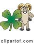 Vector Illustration of a Cartoon Ram Mascot Posing with a St Patricks Day Four Leaf Clover by Toons4Biz