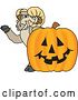 Vector Illustration of a Cartoon Ram Mascot Waving by a Jackolantern by Mascot Junction