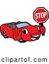 Vector Illustration of a Cartoon Red Convertible Car Mascot Gesturing and Holding a Stop Sign by Mascot Junction