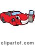 Vector Illustration of a Cartoon Red Convertible Car Mascot Holding and Pointing to a Cell Phone by Mascot Junction