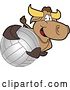 Vector Illustration of a Cartoon School Bull Mascot Holding up or Catching a Volleyball by Mascot Junction