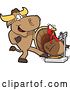 Vector Illustration of a Cartoon School Bull Mascot Making a Thanksgiving Turkey Bird Think He Weighs More on a Scale by Toons4Biz