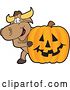 Vector Illustration of a Cartoon School Bull Mascot Smiling Around a Halloween Jackolantern Pumpkin by Toons4Biz