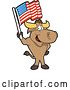 Vector Illustration of a Cartoon School Bull Mascot Standing and Holding an American Flag by Mascot Junction