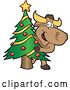 Vector Illustration of a Cartoon School Bull Mascot Standing and Looking Around a Christmas Tree by Mascot Junction