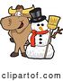 Vector Illustration of a Cartoon School Bull Mascot Standing with a Christmas Snowman by Mascot Junction
