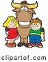 Vector Illustration of a Cartoon School Bull Mascot Standing with a White Boy and Girl by Mascot Junction