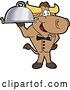 Vector Illustration of a Cartoon School Bull Mascot Waiter Standing with a Cloche Platter by Mascot Junction