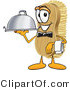 Vector Illustration of a Cartoon Scrub Brush Mascot Serving a Dinner Platter While Waiting Tables by Mascot Junction
