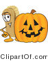 Vector Illustration of a Cartoon Scrub Brush Mascot Standing by a Carved Halloween Pumpkin by Mascot Junction