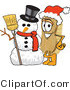 Vector Illustration of a Cartoon Scrub Brush Mascot Wearing a Santa Hat and Standing with a Snowman by Mascot Junction
