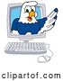 Vector Illustration of a Cartoon Seahawk Mascot Emerging from a Desktop Computer Screen by Mascot Junction
