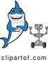 Vector Illustration of a Cartoon Shark School Mascot Controlling a Robot by Mascot Junction