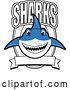 Vector Illustration of a Cartoon Shark School Mascot with Text over a Blank Banner and Shield by Toons4Biz